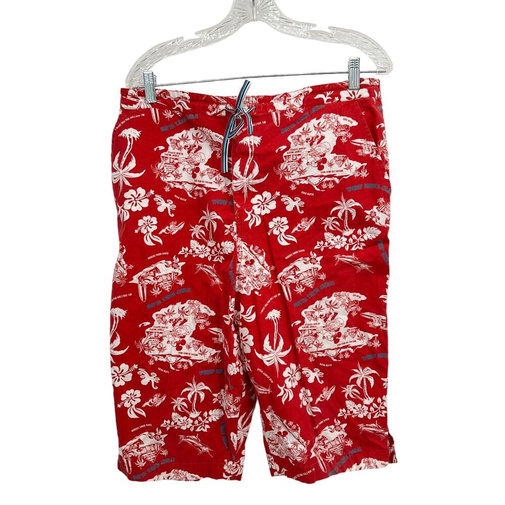 Walt Disney‎ World Men's Shorts Sz L Trader Mick Surf Novelty Hawaiian Board Red